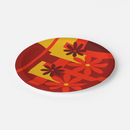 Retro orange Siebzigerjahre Pappteller (Schrägansicht)