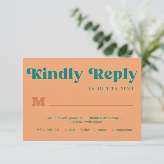 Retro orange teal simple typography wedding RSVP karte (Stehend Vorderseite)