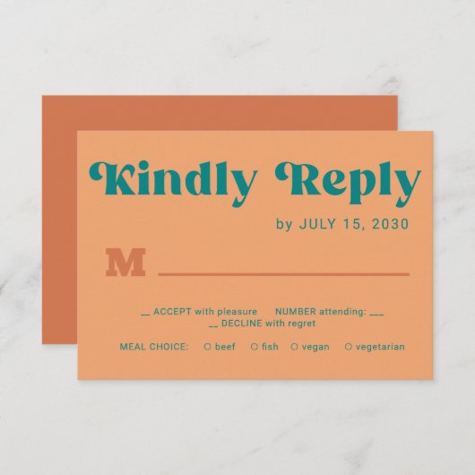 Retro orange teal simple typography wedding RSVP karte (Vorne/Hinten)