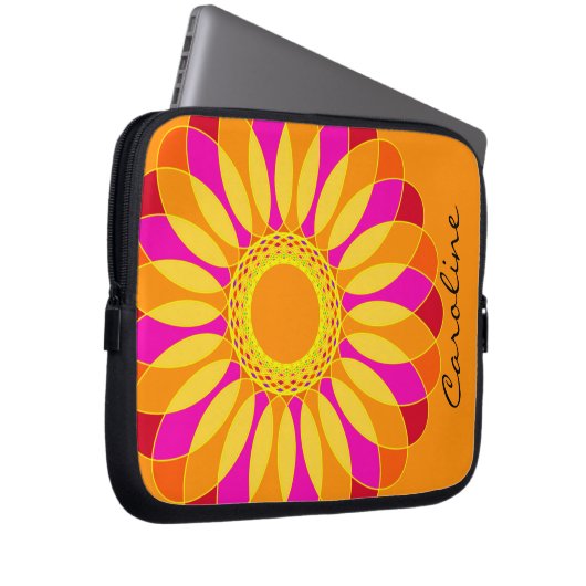 Retro orange u. gelbe Blume auf Orange Laptopschutzhülle (Vorne Rechts)