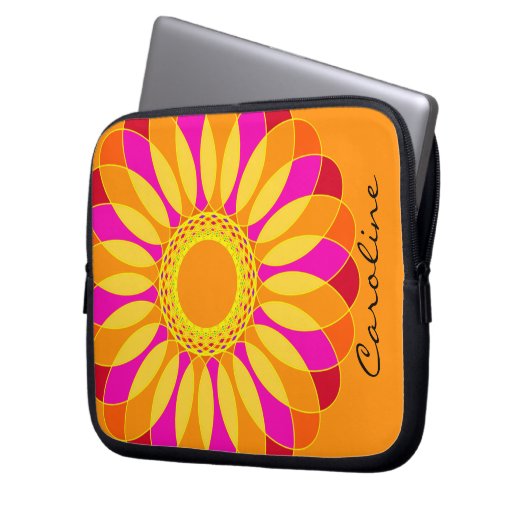 Retro orange u. gelbe Blume auf Orange Laptopschutzhülle (Vorderseite Links)