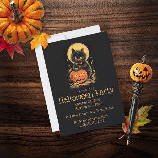 Retro Orange und Black Cat Halloween Einladung