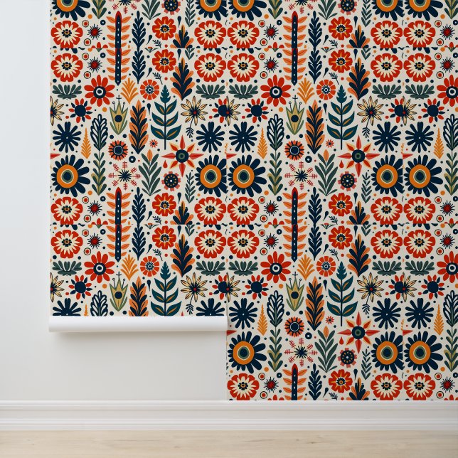 Retro Orange und blaues Blumenmuster Tapete (Anwendung)
