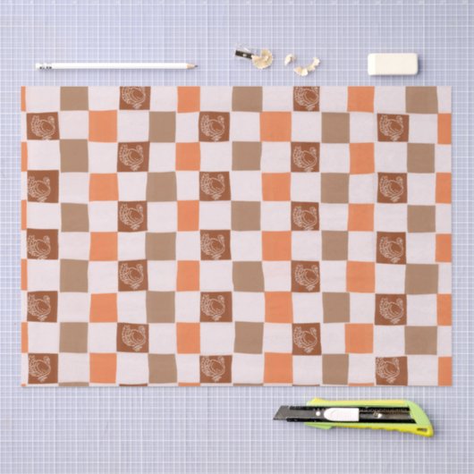 Retro orange und braun kariert mit Truthahn Seidenpapier (Handwerk)