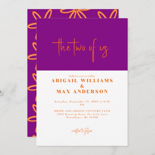 Retro Orange und Lila die beiden von uns Hochzeit Einladung (Vorne/Hinten)