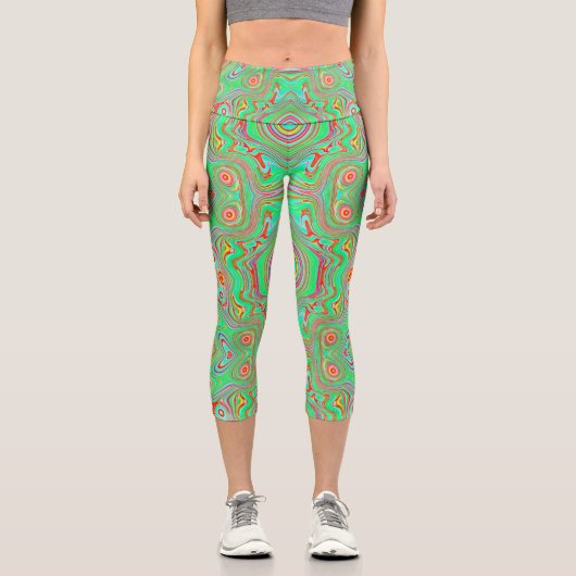 Retro Orange und Lime Green Abstrakt Pattern Capri Leggings (Vorderseite)