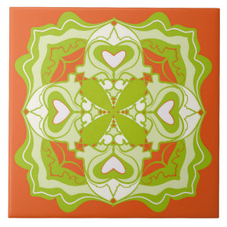 Retro Orange- und Limettengrün-blumiges Ornament Fliese
