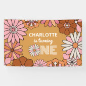 Retro Orange und Pink Floral Daisy Erster Geburtst Banner (Horizontal)