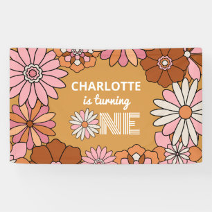 Retro Orange und Pink Floral Daisy Erster Geburtst Banner
