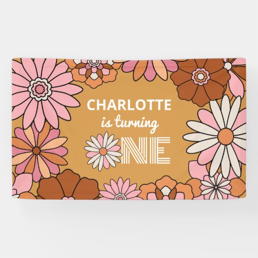Retro Orange und Pink Floral Daisy Erster Geburtst Banner (Horizontal)