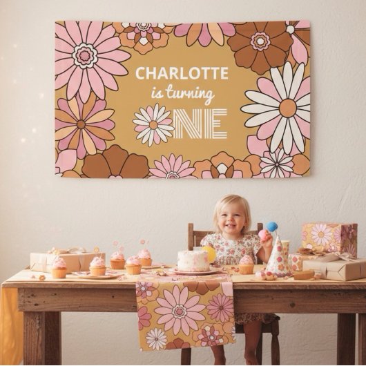 Retro Orange und Pink Floral Daisy Erster Geburtst Banner