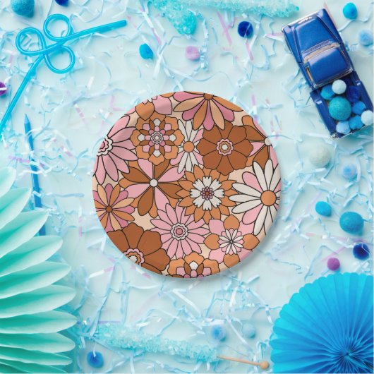 Retro Orange und Pink Floral Daisy Pappteller (Party)