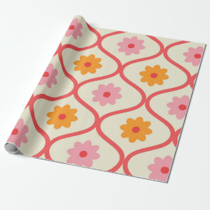 Retro orange und rosa Blumen auf Ogee-Muster  Geschenkpapier