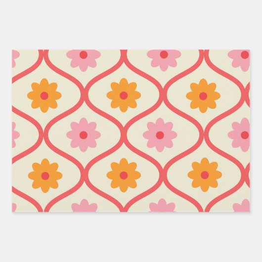 Retro orange und rosa Blumen auf Ogee-Muster  Geschenkpapier Set (Vorderseite)