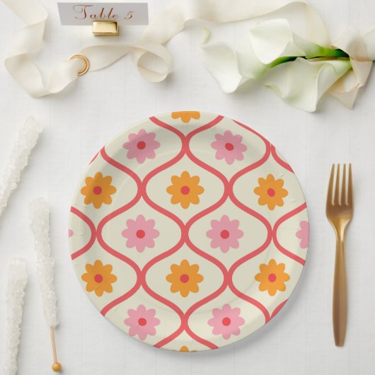 Retro orange und rosa Blumen auf Ogee-Muster  Pappteller (Hochzeit)