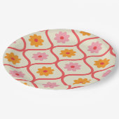 Retro orange und rosa Blumen auf Ogee-Muster  Pappteller (Schrägansicht)