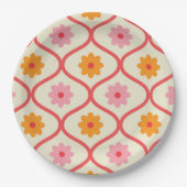 Retro orange und rosa Blumen auf Ogee-Muster  Pappteller (Vorderseite)
