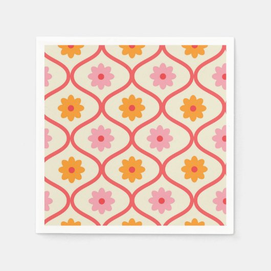 Retro orange und rosa Blumen auf Ogee-Muster  Serviette (Vorderseite)