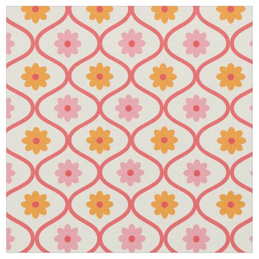 Retro orange und rosa Blumen auf Ogee-Muster Stoff (Nahaufnahme)