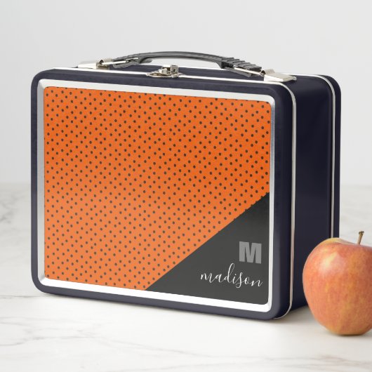 Retro-Orange- und Schwarzpolka-Punkte für Monogram Metall Brotdose (Beispiel)