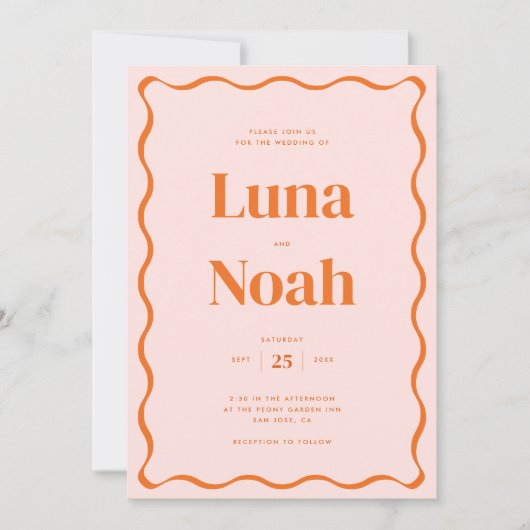 Retro Orange Wavy Red Wedding Einladung (Vorderseite)