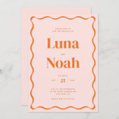 Retro Orange Wavy Red Wedding Einladung (Vorne/Hinten)