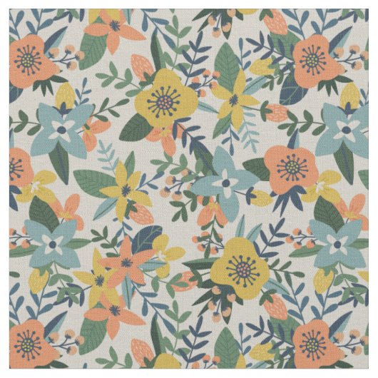Retro Orange Yellow Blue Floral Muster Stoff (Nahaufnahme)