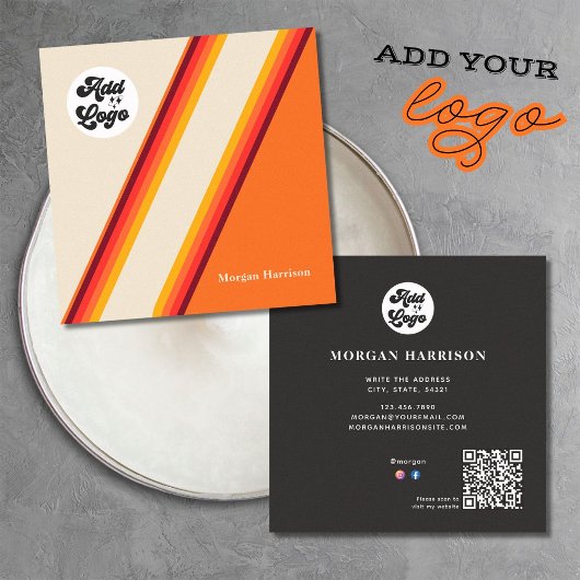 Retro Orange Yellow Strips 70er, 80er Logo QR Code Quadratische Visitenkarte