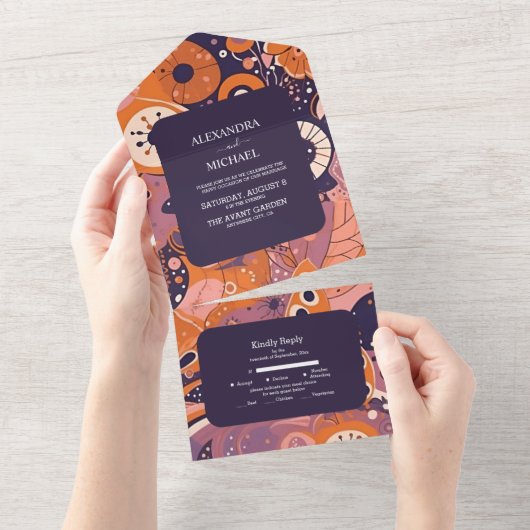 Retro-Orangenrösche Rosa lila Hochzeit All In One Einladung (Abreißen)