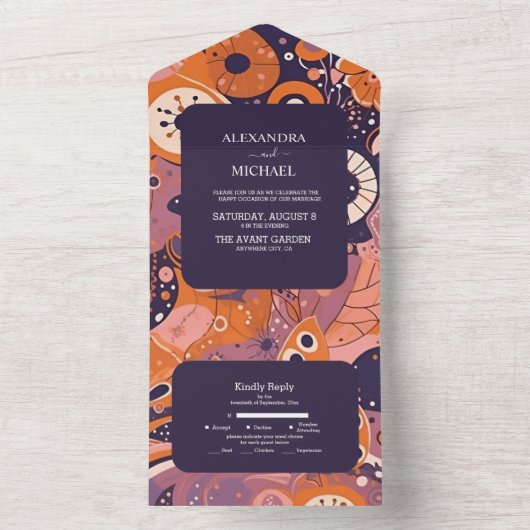 Retro-Orangenrösche Rosa lila Hochzeit All In One Einladung (Innen Boden)