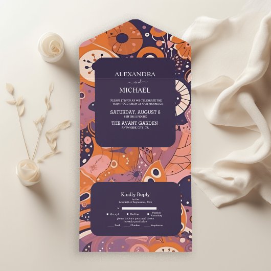 Retro-Orangenrösche Rosa lila Hochzeit All In One Einladung