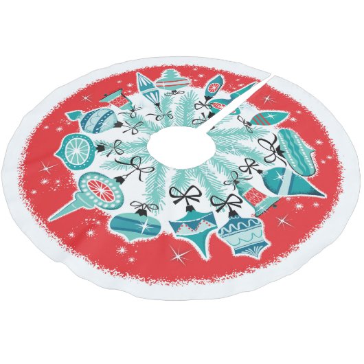 Retro Ornamente an der roten Grenze Polyester Weihnachtsbaumdecke (Schrägansicht)