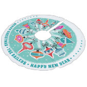 Retro Ornamente Individuelle Name in Aqua Leinenimitat Weihnachtsbaumdecke (Schrägansicht)