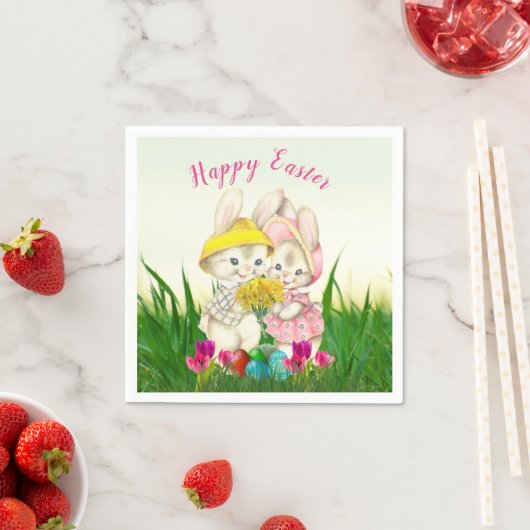 Retro Osterbäume mit Frühlingsblumen / Party Serviette (Beispiel)