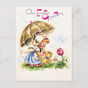 Retro Ostergruß beim Tulpen gießen im Garten Postkarte