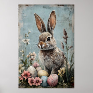 Retro-Osterhase-Hasen-Blumen-Print, Rustikal Poster