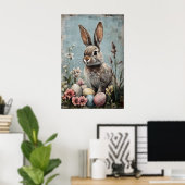 Retro-Osterhase-Hasen-Blumen-Print, Rustikal Poster (Heimbüro)