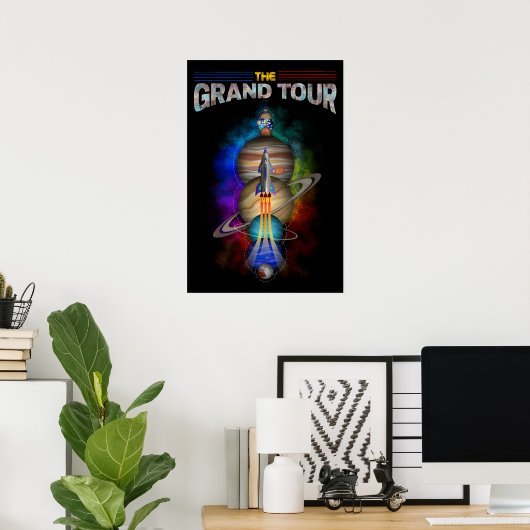 Retro Outer Space Art mit Raumschiff und Planeten Poster (Heimbüro)