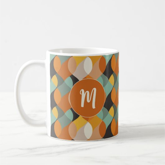 Retro Oval Formen Orange Aquamarin Gold Monogramm Kaffeetasse (Links)