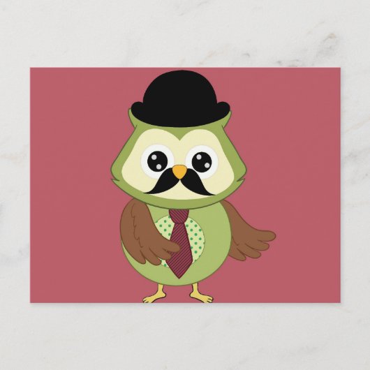 Retro Owl mit Hut, Krawatte und Mustache Postkarte (Vorderseite)