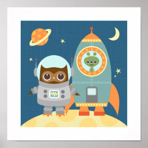 Retro Owl Space Poster drucken