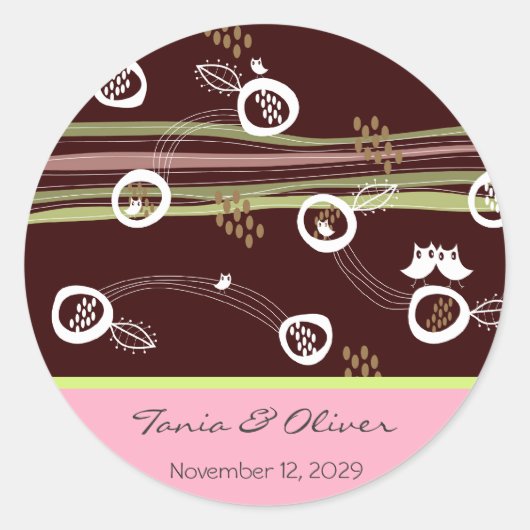 Retro Owls Family Custom Wedellabel Aufkleber (Vorderseite)