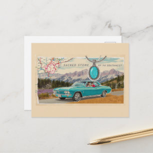 Retro-Paar Auto auf Karte in den Bergen Collage