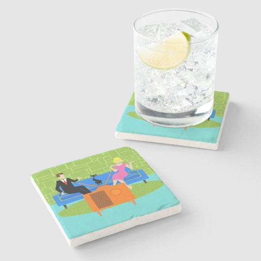 Retro-Paar mit Cat Stone-Untersetzer Steinuntersetzer (Seitenansicht)