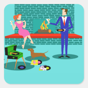 Retro-Paar mit Dog-Aufklebern Quadratischer Aufkleber