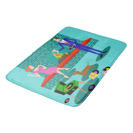 Retro-Paar mit Dog Bath Badematte (Schrägansicht)