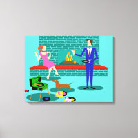 Retro-Paar mit Dog-gesteppter Leinwand drucksvoll