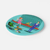 Retro-Paar mit Dog-Paper-Tellern Pappteller (Schrägansicht)