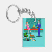 Retro-Paar mit Hund-Akryllischer Schlüsselanhänger (Vorderseite links)