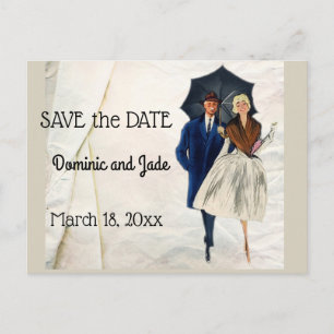 Retro-Paar Save the Date mit Schirm Ankündigungspostkarte